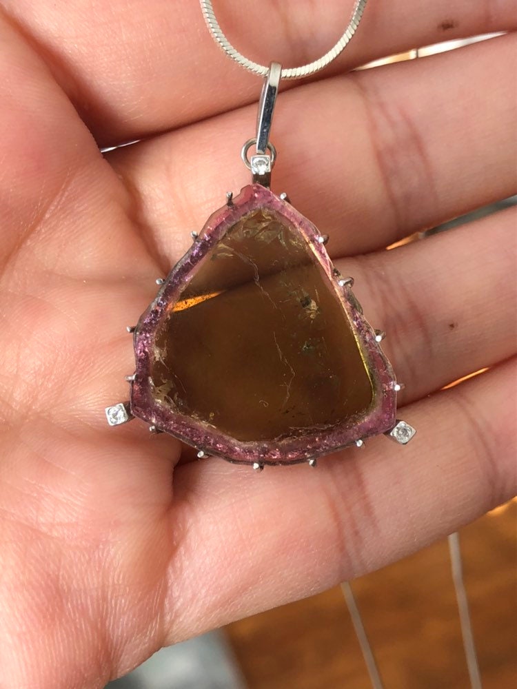 Big Custom Made Reverse Watermelon Tourmaline and Diamond 14k White Gold Handmade Pendant.