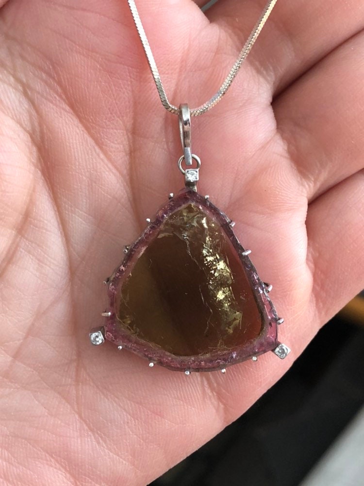 Big Custom Made Reverse Watermelon Tourmaline and Diamond 14k White Gold Handmade Pendant.