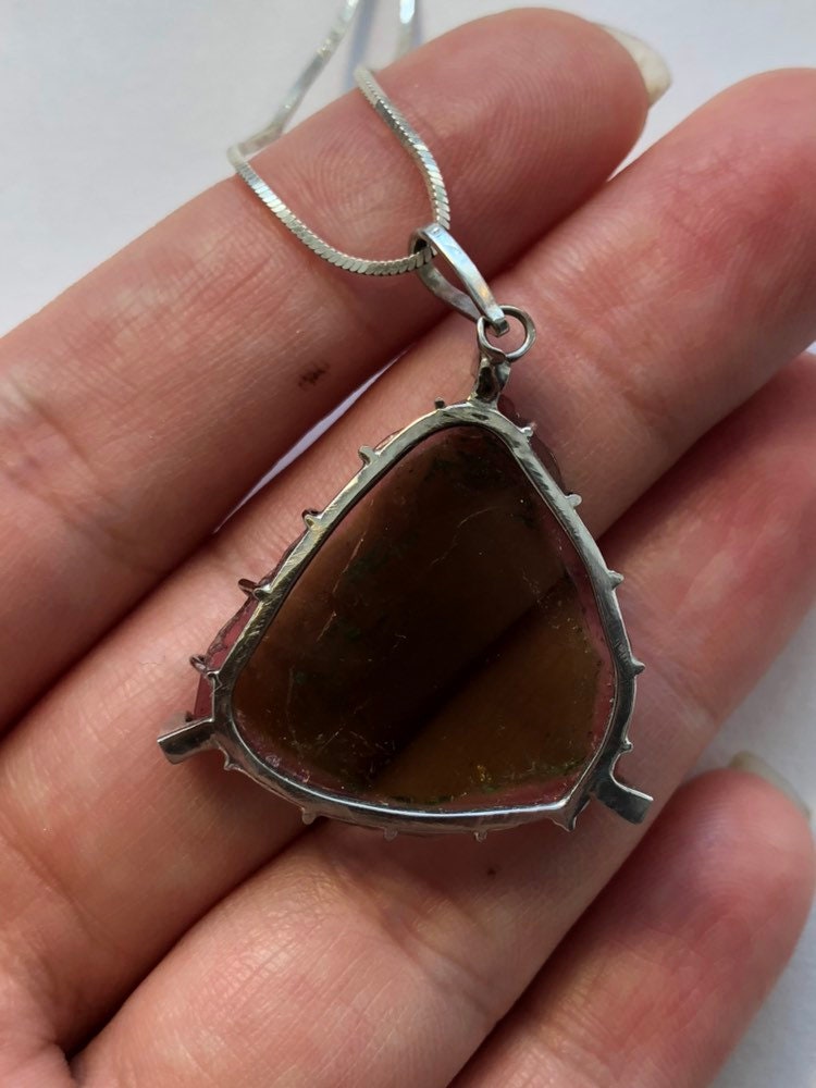 Big Custom Made Reverse Watermelon Tourmaline and Diamond 14k White Gold Handmade Pendant.