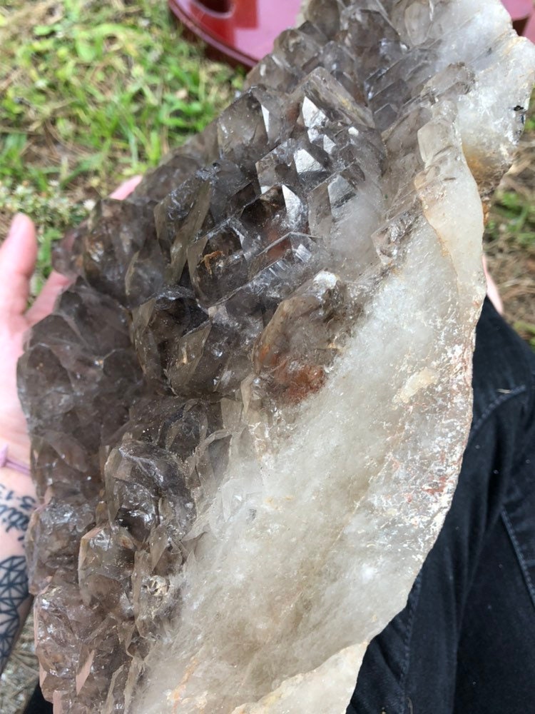 Huge 24lb Elestial Smoky Qyartz Crystal Cluster with Wooden Stand