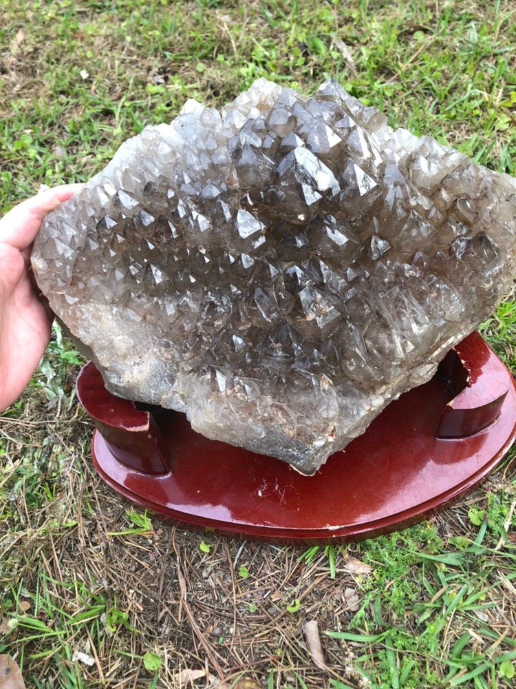 Huge 24lb Elestial Smoky Qyartz Crystal Cluster with Wooden Stand