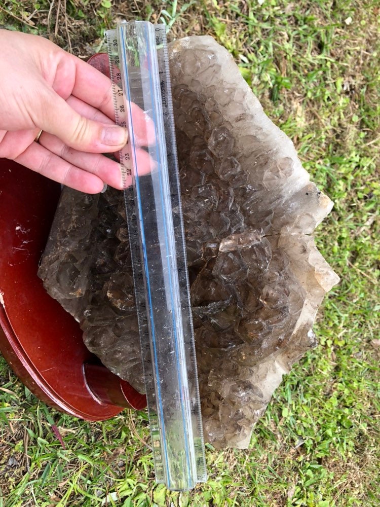 Huge 24lb Elestial Smoky Qyartz Crystal Cluster with Wooden Stand