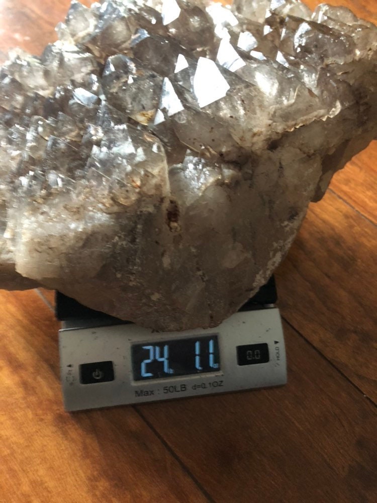 Huge 24lb Elestial Smoky Qyartz Crystal Cluster with Wooden Stand