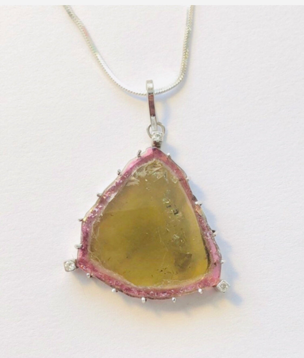 Big Custom Made Reverse Watermelon Tourmaline and Diamond 14k White Gold Handmade Pendant.