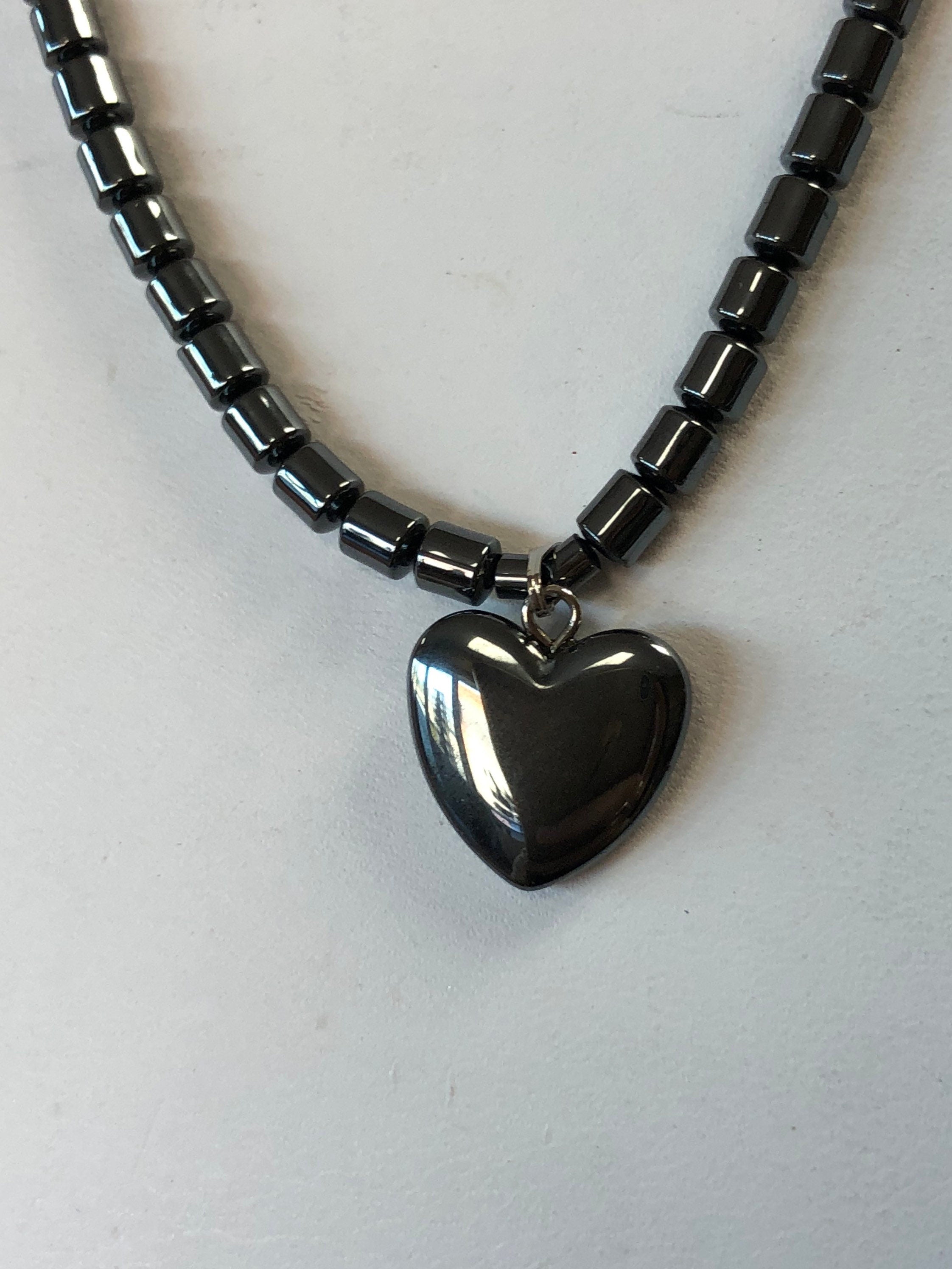 Hematite Small Heart Beaded Necklace