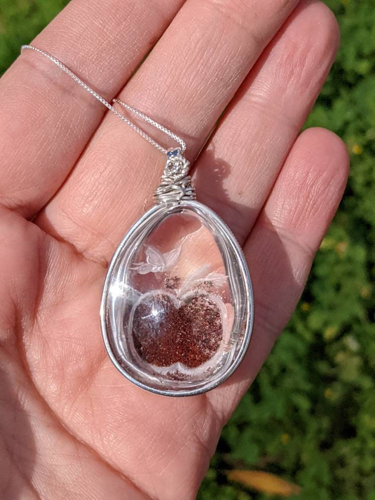 Epic Carved Lodolite Quartz, Fairy w Apple, in Sterling Silver and Sterling Chain
