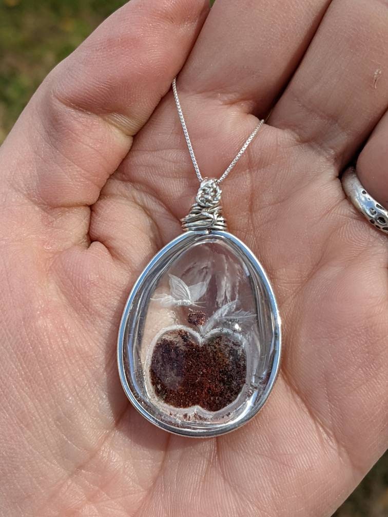 Epic Carved Lodolite Quartz, Fairy w Apple, in Sterling Silver and Sterling Chain