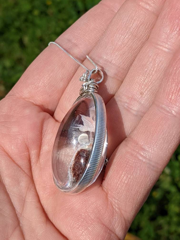 Epic Carved Lodolite Quartz, Fairy w Apple, in Sterling Silver and Sterling Chain