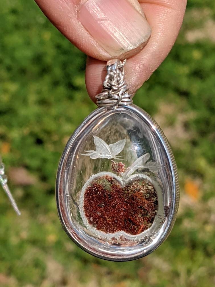 Epic Carved Lodolite Quartz, Fairy w Apple, in Sterling Silver and Sterling Chain