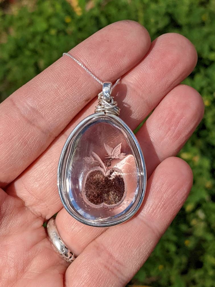 Epic Carved Lodolite Quartz, Fairy w Apple, in Sterling Silver and Sterling Chain