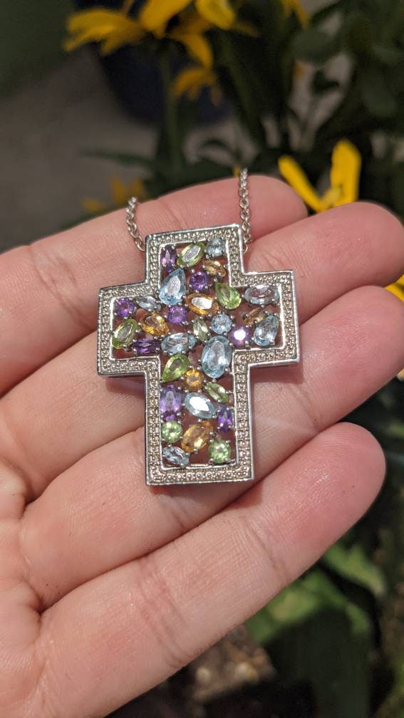 Epic Gemstone Sterling Silver Cross Necklace -. Amethyst, Citrine, Topaz and Peridot