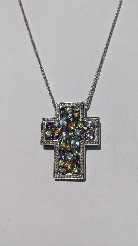 Epic Gemstone Sterling Silver Cross Necklace -. Amethyst, Citrine, Topaz and Peridot