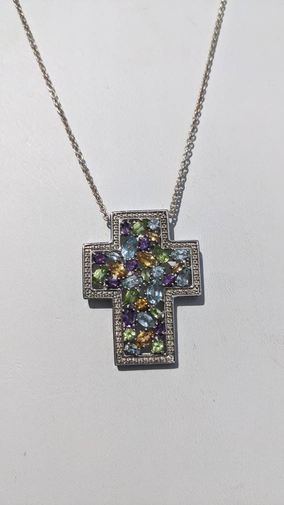 Epic Gemstone Sterling Silver Cross Necklace -. Amethyst, Citrine, Topaz and Peridot
