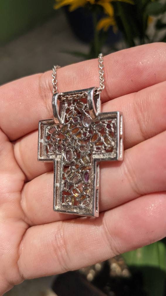 Epic Gemstone Sterling Silver Cross Necklace -. Amethyst, Citrine, Topaz and Peridot