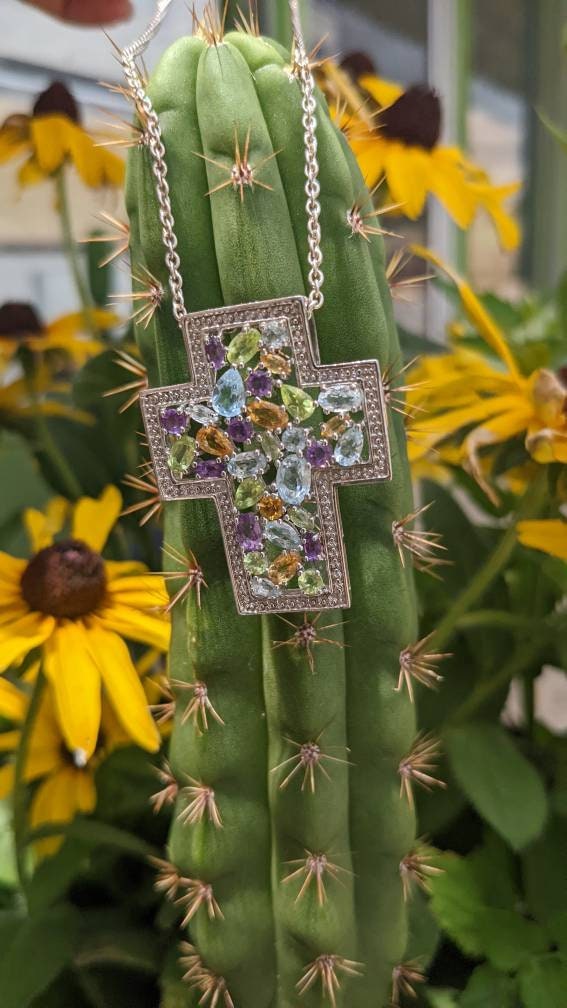 Epic Gemstone Sterling Silver Cross Necklace -. Amethyst, Citrine, Topaz and Peridot