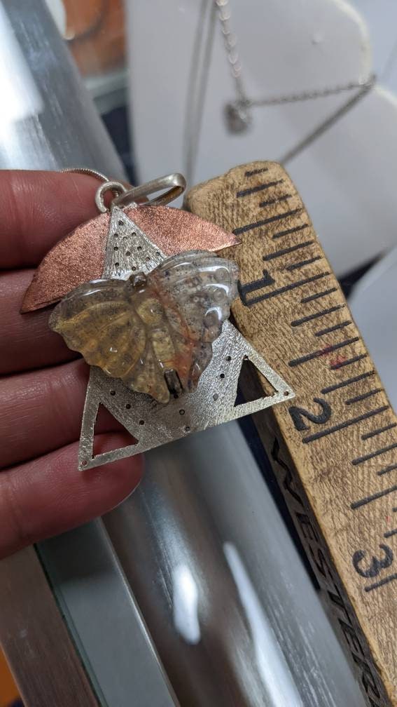 Boulder Opal Butterfly Handmade Pendant in Sterling Silver and Copper