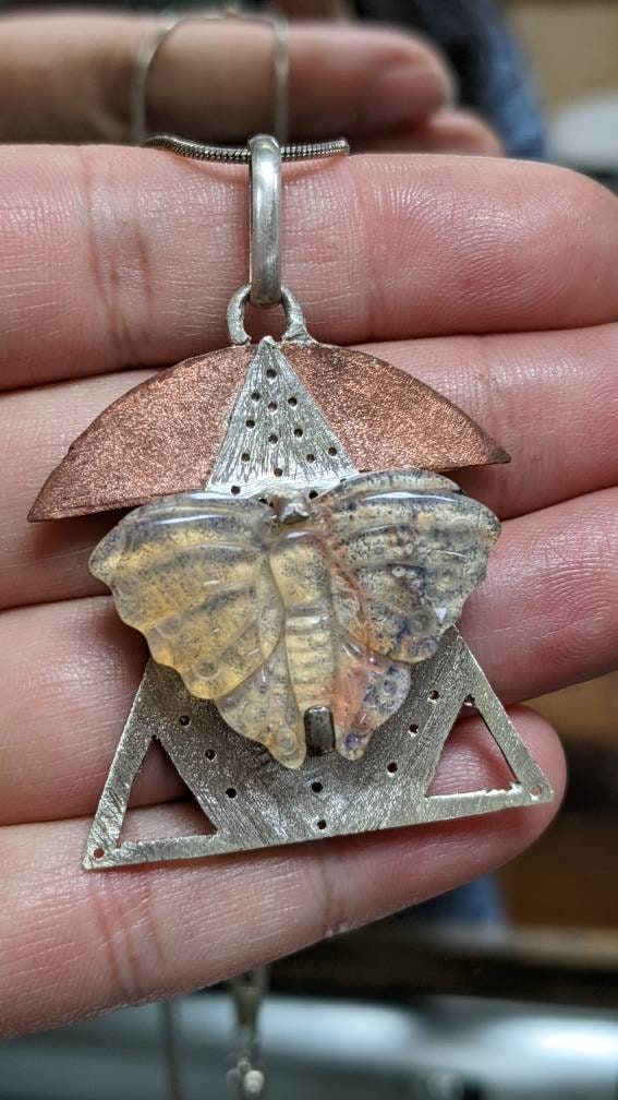 Boulder Opal Butterfly Handmade Pendant in Sterling Silver and Copper