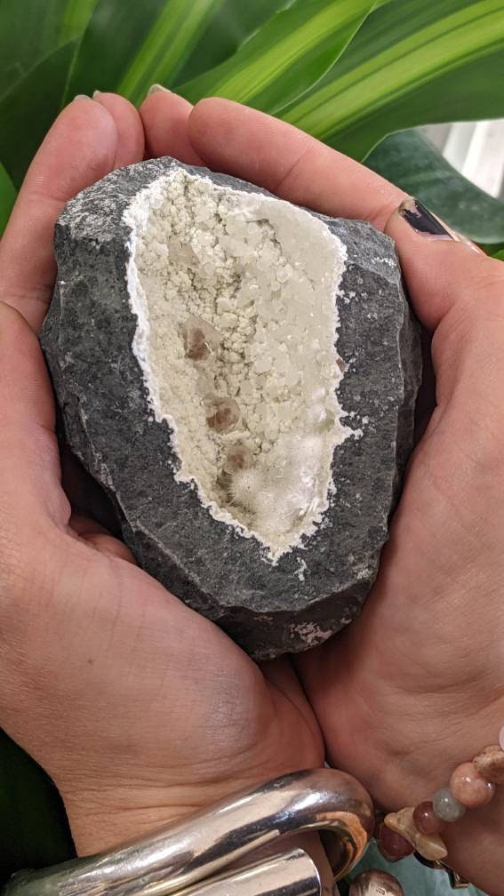 Okenite and Calcite Crystal Geode