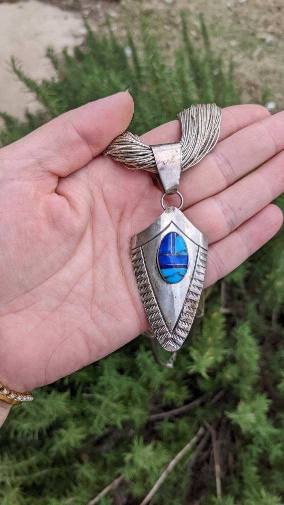 Epic Turquoise Lapis Inlay Sterling Silver Pendant by J Howe on Huge Liquid Silver (Sterling) Necklace