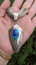 Epic Turquoise Lapis Inlay Sterling Silver Pendant by J Howe on Huge Liquid Silver (Sterling) Necklace