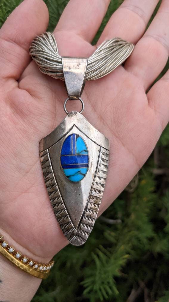 Epic Turquoise Lapis Inlay Sterling Silver Pendant by J Howe on Huge Liquid Silver (Sterling) Necklace