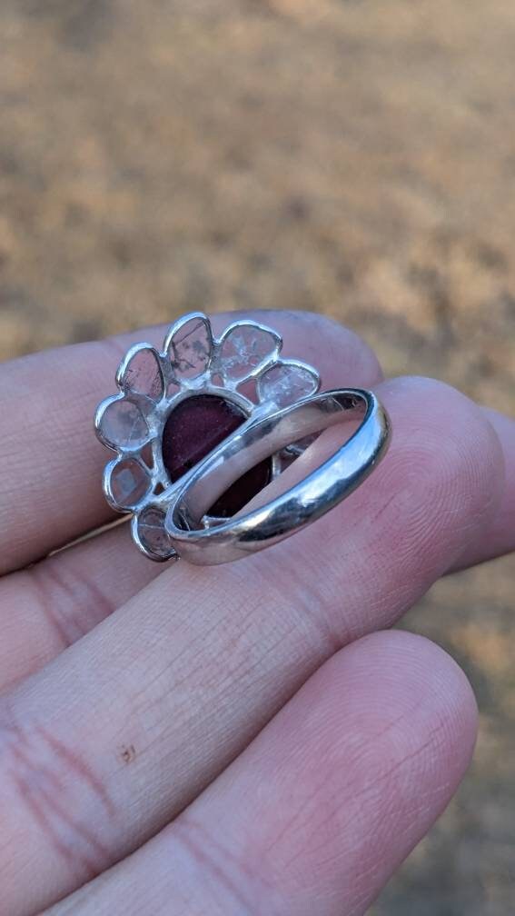 Epic Diamond Slices and Ruby Flower Sterling Silver Ring size 7