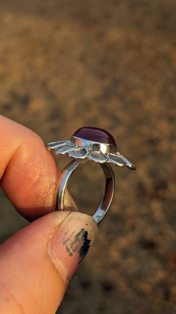 Epic Diamond Slices and Ruby Flower Sterling Silver Ring size 7