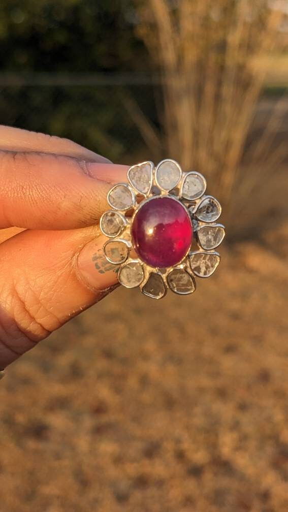Epic Diamond Slices and Ruby Flower Sterling Silver Ring size 7