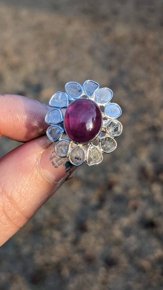 Epic Diamond Slices and Ruby Flower Sterling Silver Ring size 7