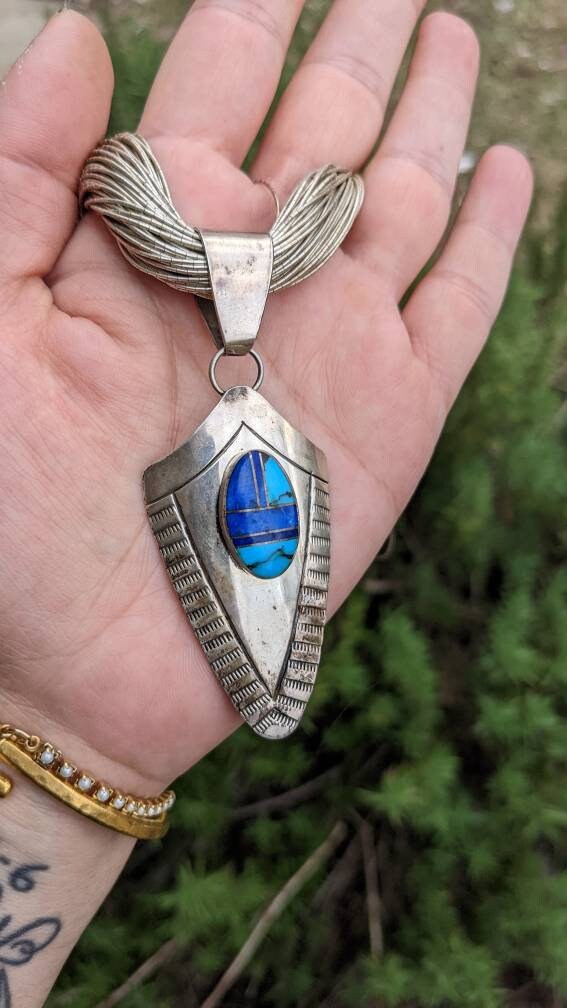 Epic Turquoise Lapis Inlay Sterling Silver Pendant by J Howe on Huge Liquid Silver (Sterling) Necklace