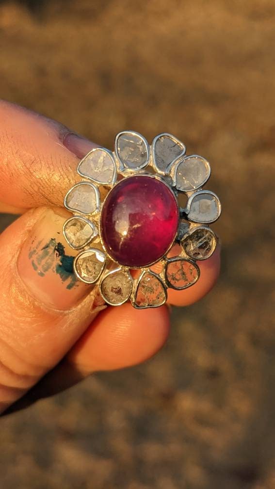 Epic Diamond Slices and Ruby Flower Sterling Silver Ring size 7