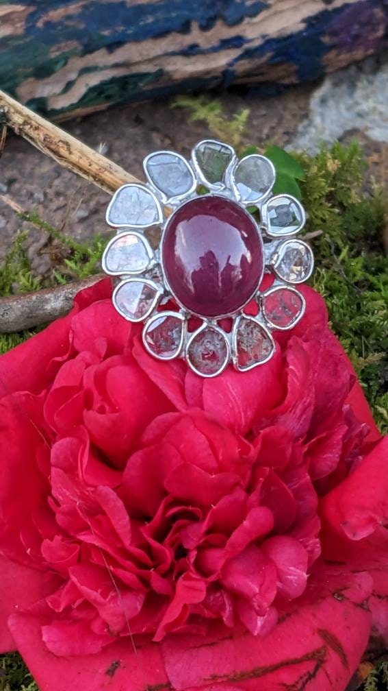 Epic Diamond Slices and Ruby Flower Sterling Silver Ring size 7