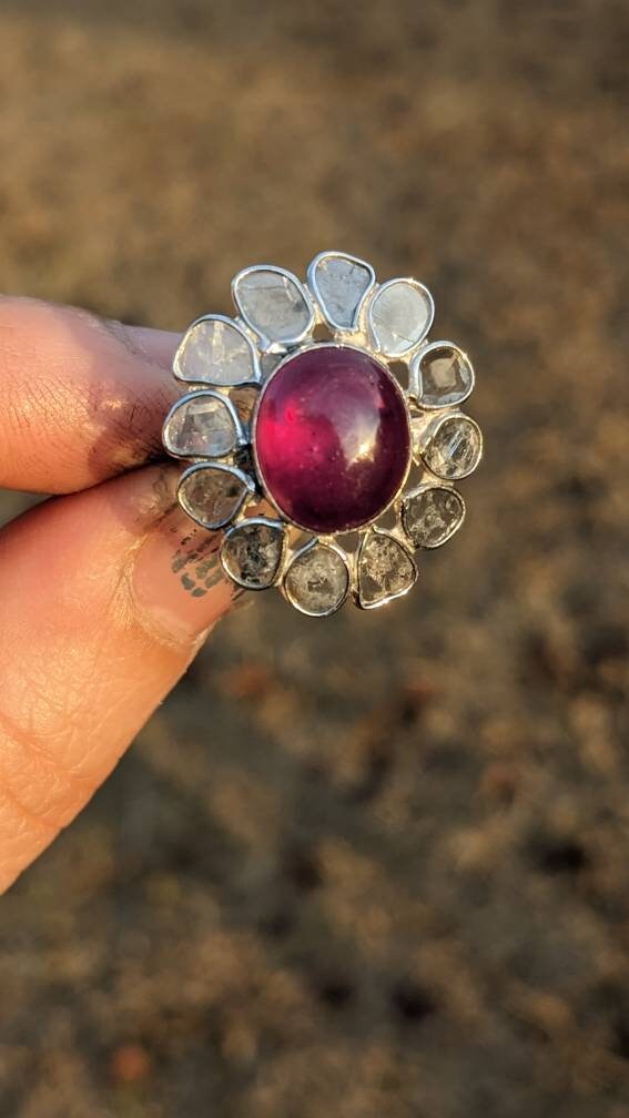 Epic Diamond Slices and Ruby Flower Sterling Silver Ring size 7