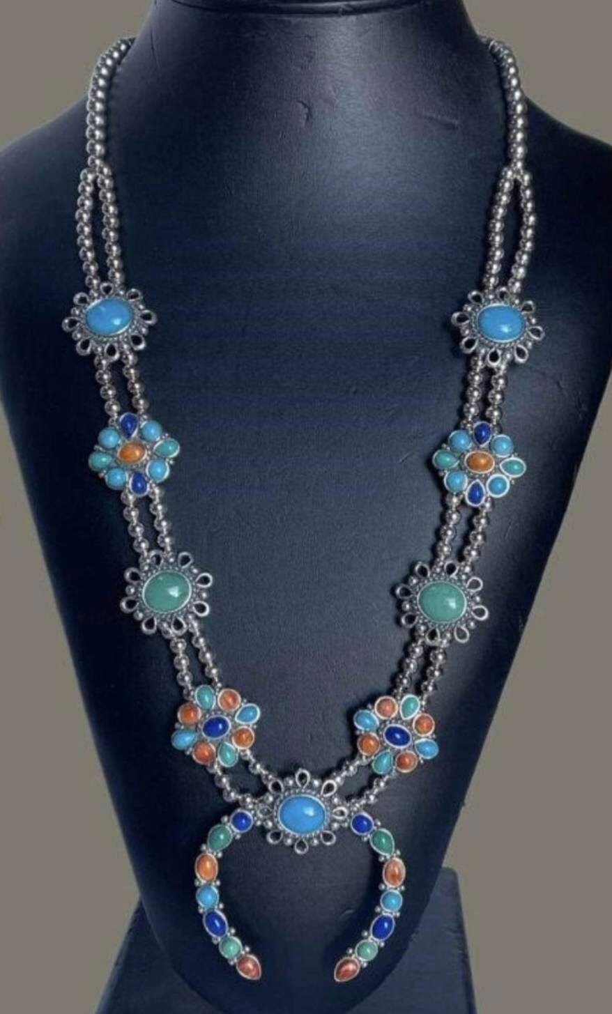 Sterling Silver Turquoise Lapis Spiny Oyster Squash Blossom, Vintage Carolyn Pollack