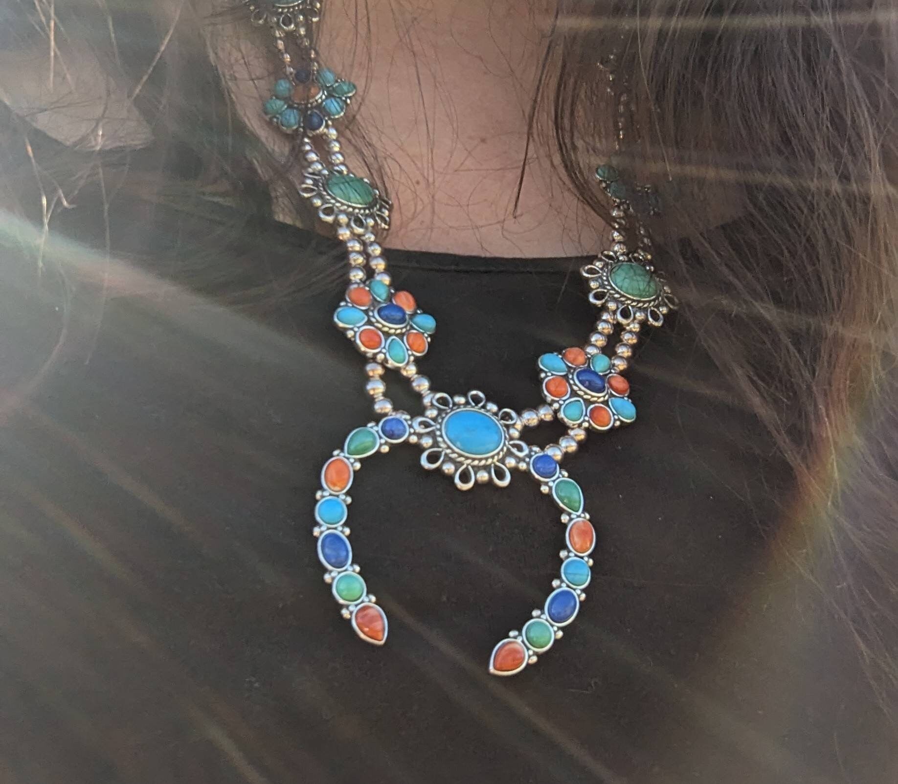 Sterling Silver Turquoise Lapis Spiny Oyster Squash Blossom, Vintage Carolyn Pollack