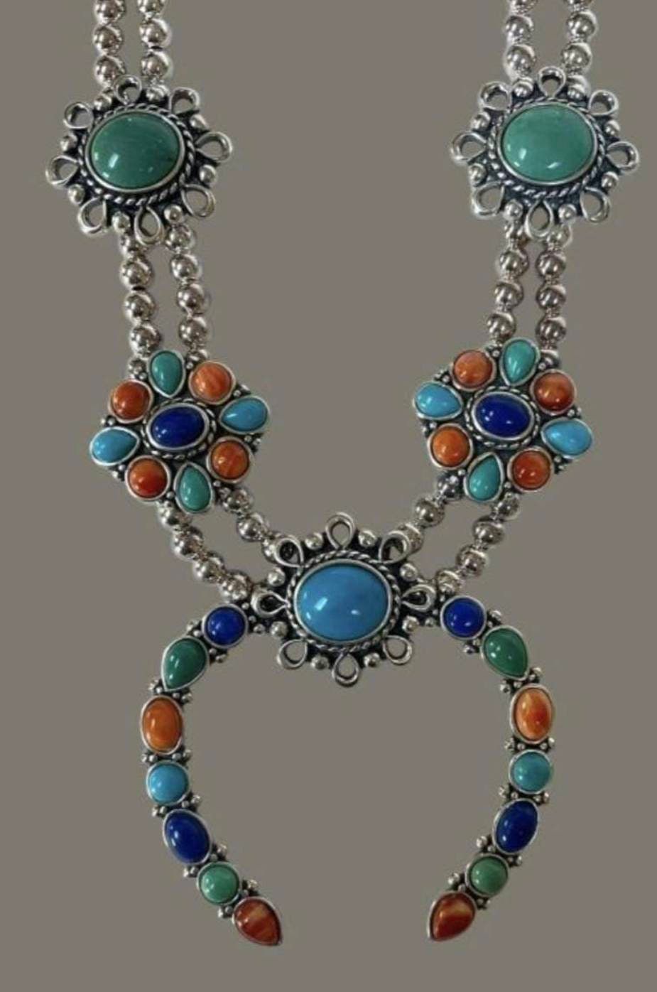 Sterling Silver Turquoise Lapis Spiny Oyster Squash Blossom, Vintage Carolyn Pollack