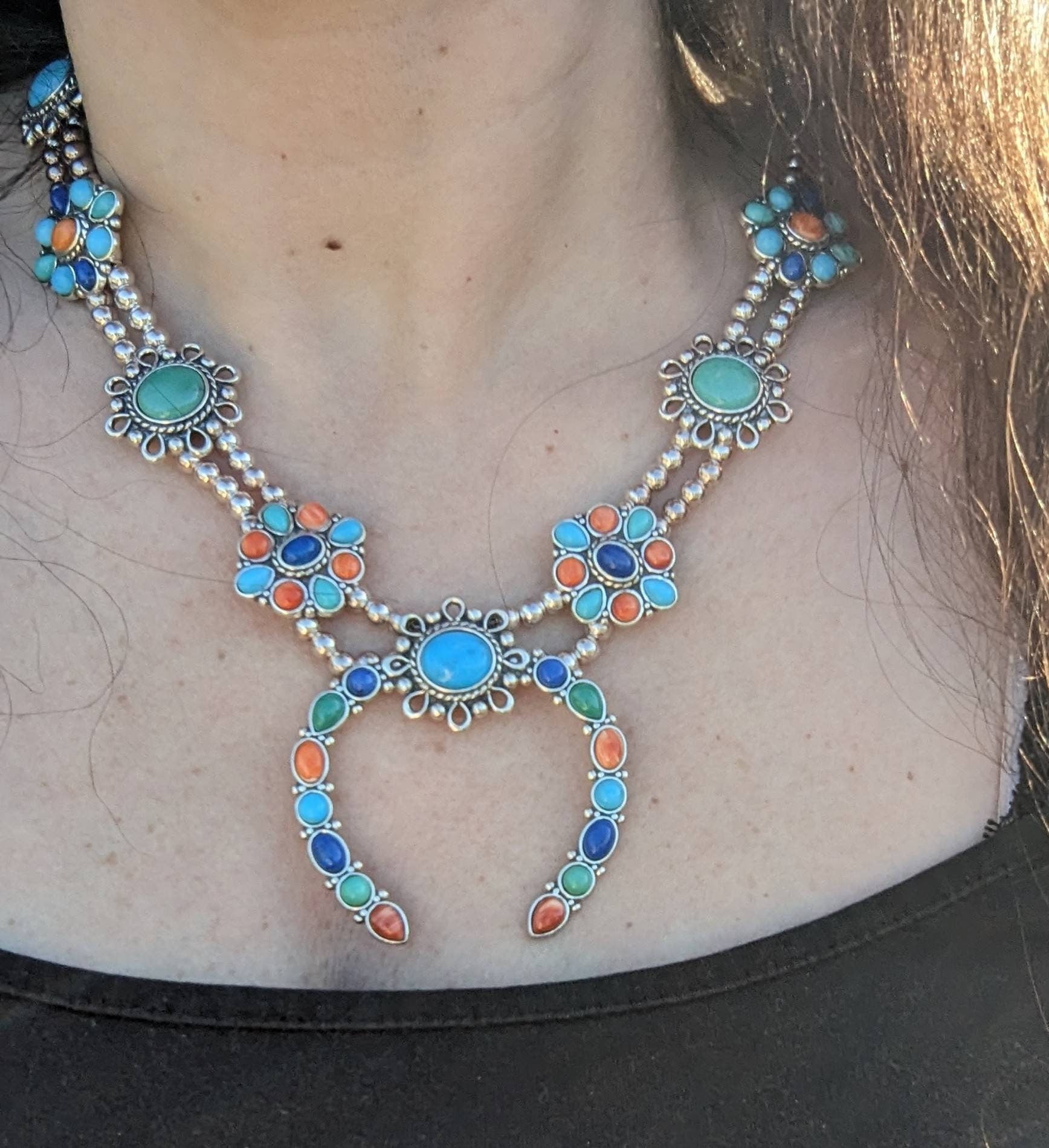 Sterling Silver Turquoise Lapis Spiny Oyster Squash Blossom, Vintage Carolyn Pollack
