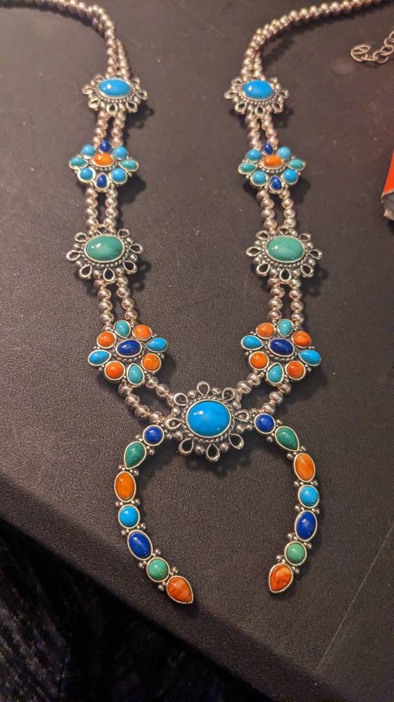 Sterling Silver Turquoise Lapis Spiny Oyster Squash Blossom, Vintage Carolyn Pollack