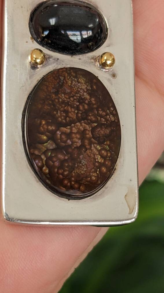Big Star Diopside w Fire Agate, Signed 14k Gold and Sterling Silver Pendant on Heavy Beaded Sterling Chain