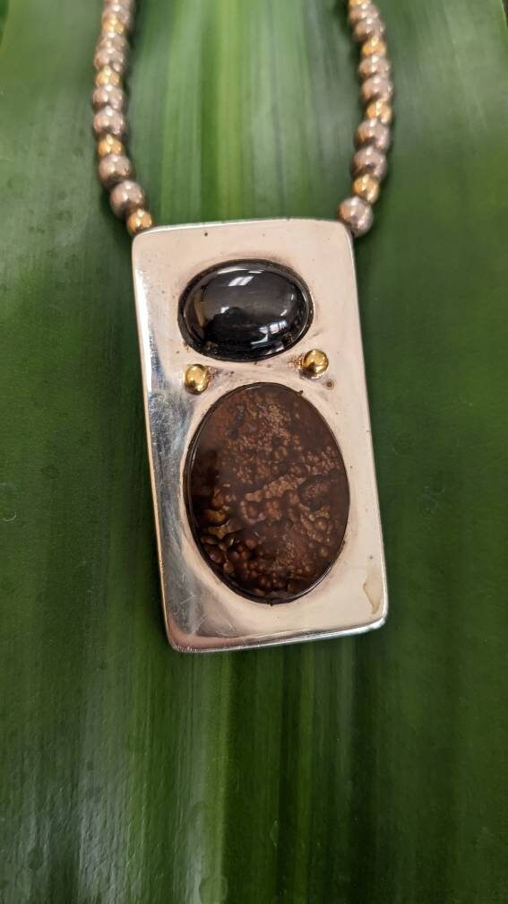 Big Star Diopside w Fire Agate, Signed 14k Gold and Sterling Silver Pendant on Heavy Beaded Sterling Chain
