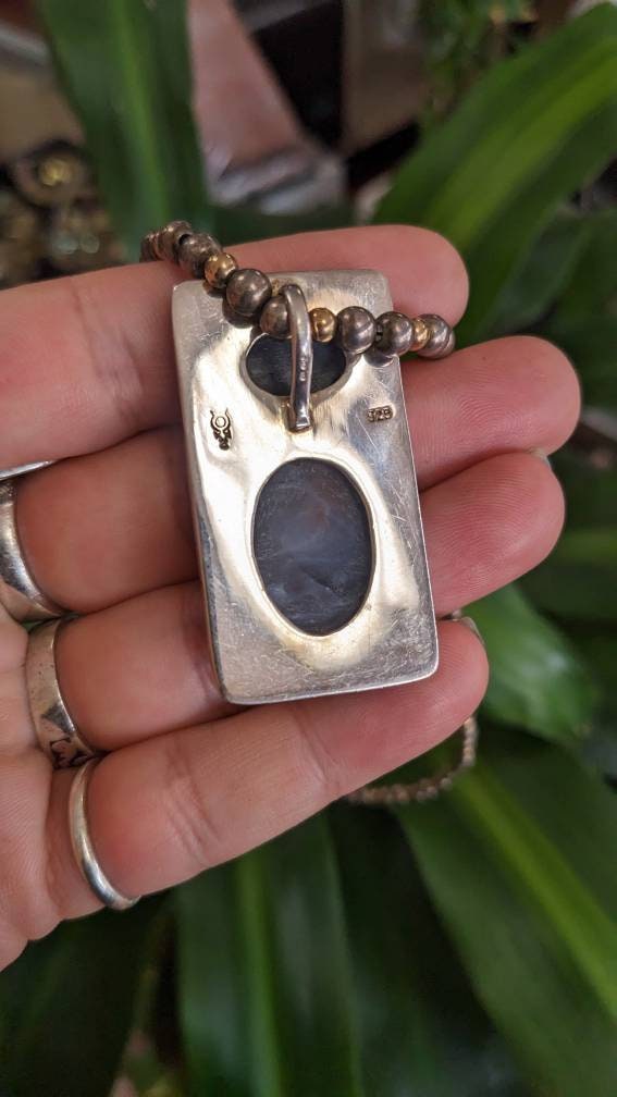 Big Star Diopside w Fire Agate, Signed 14k Gold and Sterling Silver Pendant on Heavy Beaded Sterling Chain
