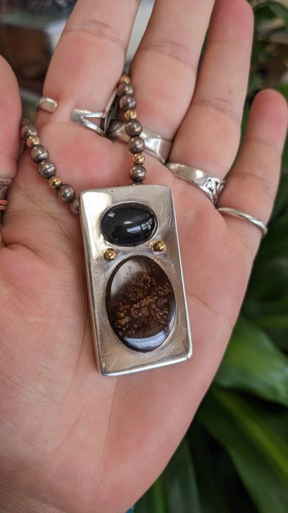 Big Star Diopside w Fire Agate, Signed 14k Gold and Sterling Silver Pendant on Heavy Beaded Sterling Chain