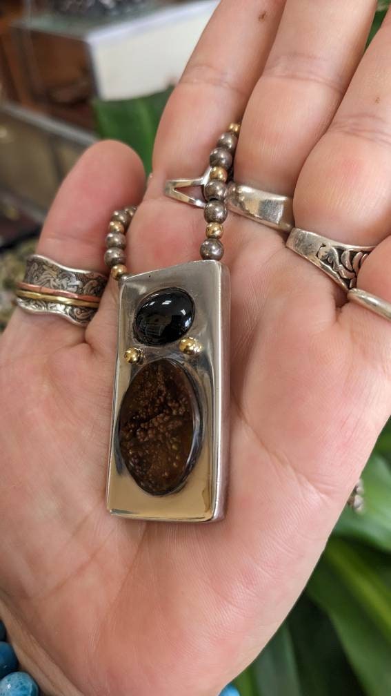 Big Star Diopside w Fire Agate, Signed 14k Gold and Sterling Silver Pendant on Heavy Beaded Sterling Chain