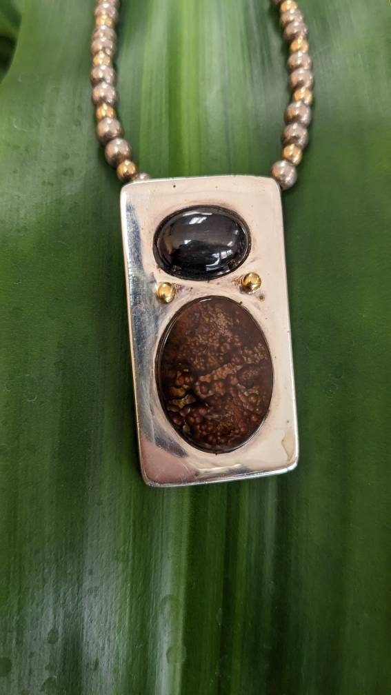 Big Star Diopside w Fire Agate, Signed 14k Gold and Sterling Silver Pendant on Heavy Beaded Sterling Chain