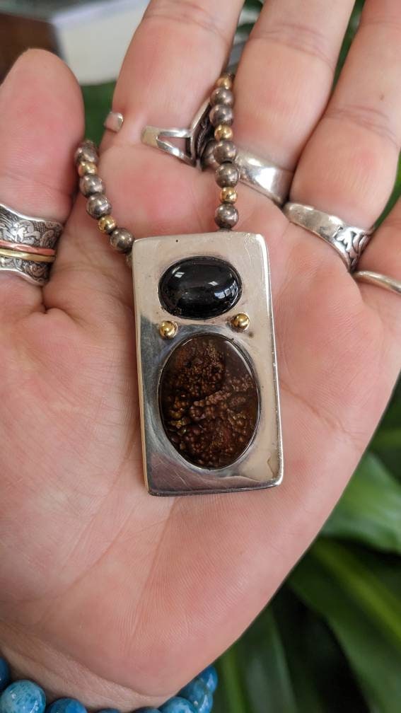 Big Star Diopside w Fire Agate, Signed 14k Gold and Sterling Silver Pendant on Heavy Beaded Sterling Chain