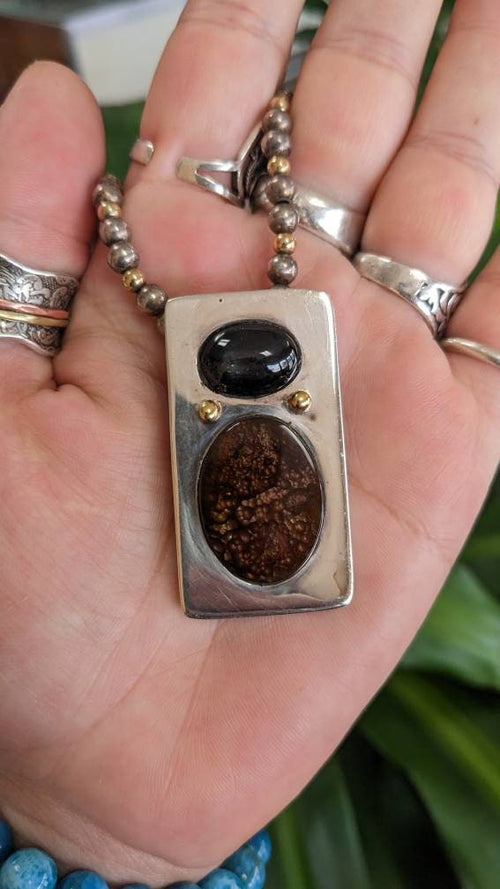 Big Star Diopside w Fire Agate, Signed 14k Gold and Sterling Silver Pendant on Heavy Beaded Sterling Chain