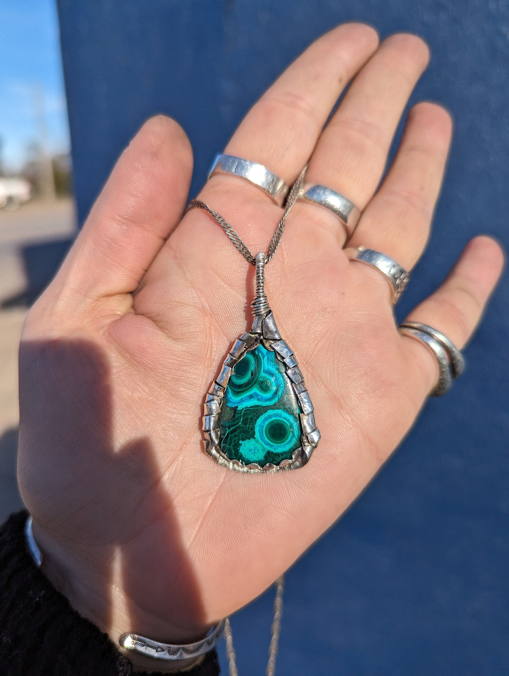 Chrysocolla Gem Silica Malachite Sterling Silver Handmade Necklace
