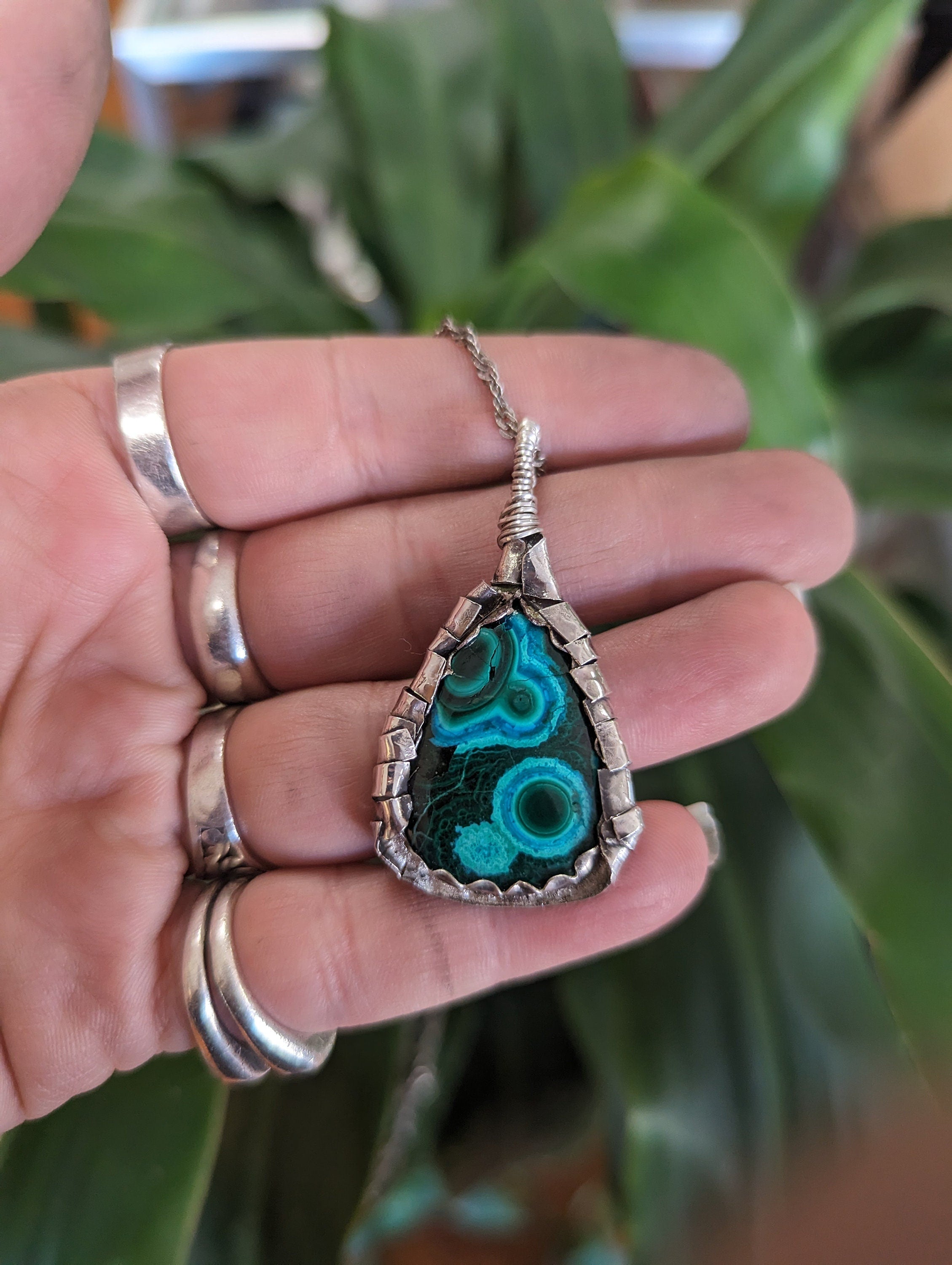 Chrysocolla Gem Silica Malachite Sterling Silver Handmade Necklace