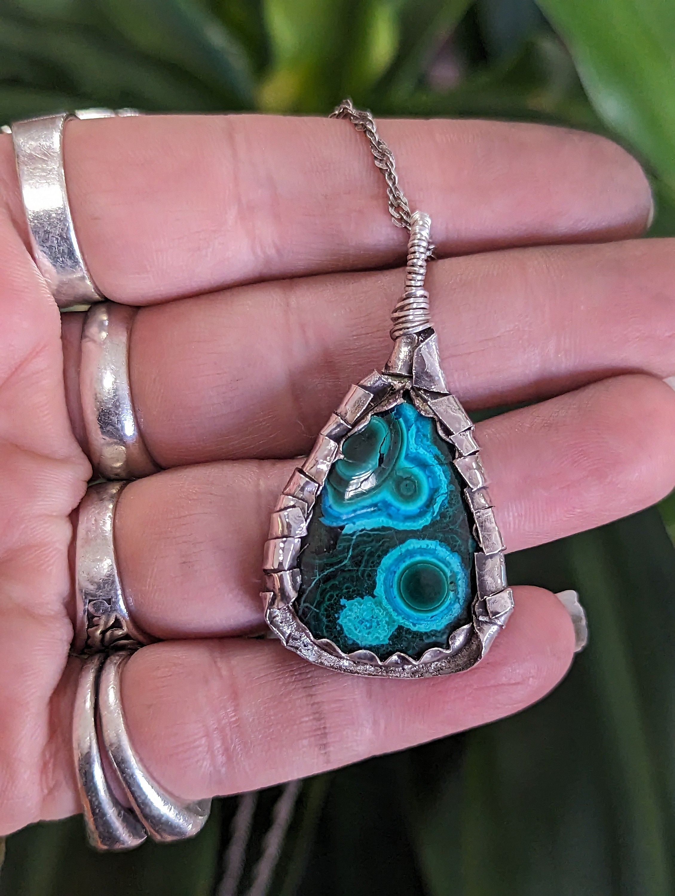 Chrysocolla Gem Silica Malachite Sterling Silver Handmade Necklace