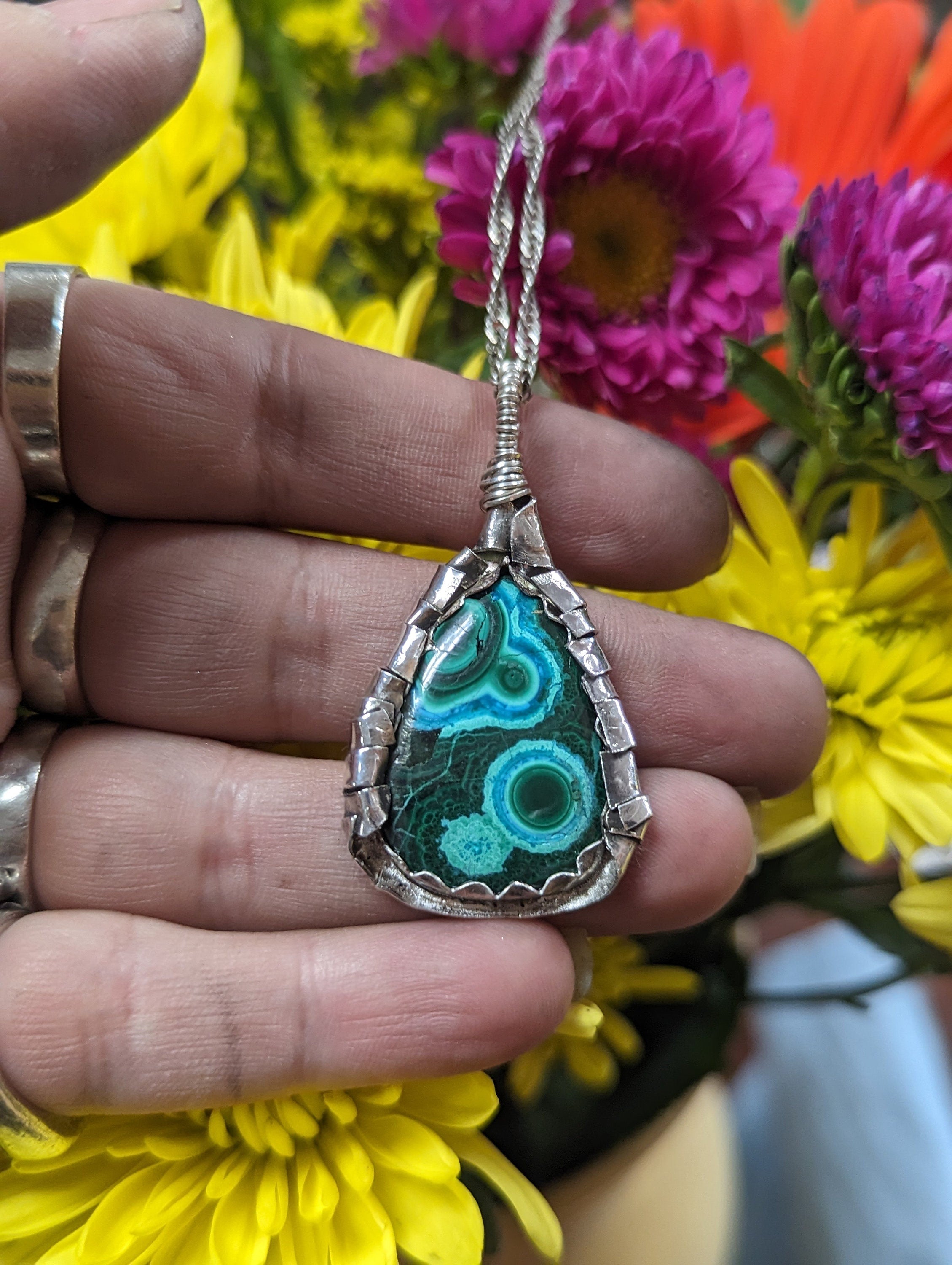 Chrysocolla Gem Silica Malachite Sterling Silver Handmade Necklace